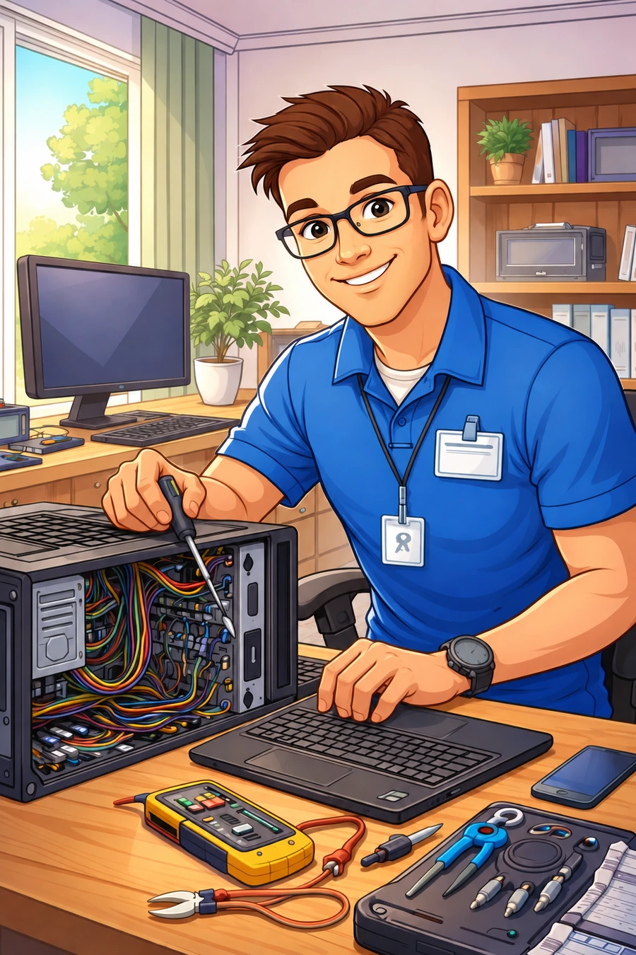 Illustration d’Aurélien, technicien ordi.doc, dans un atelier informatique
